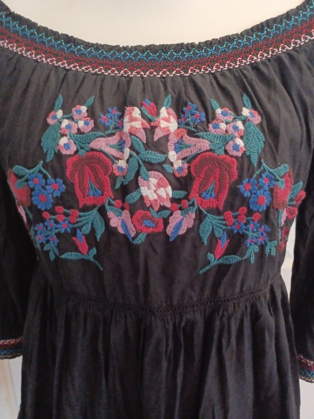 Free People Sunbeams Black Floral Embroidery Tiered Babydoll Dress Boho - Picture 2 of 6